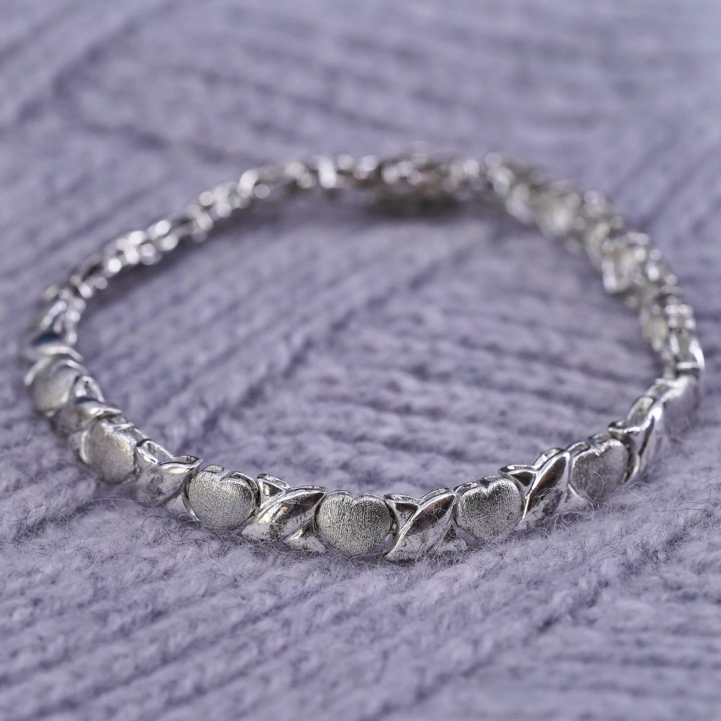 6.75" 6mm, vintage Sterling silver handmade chain, 925 heart tennis bracelet