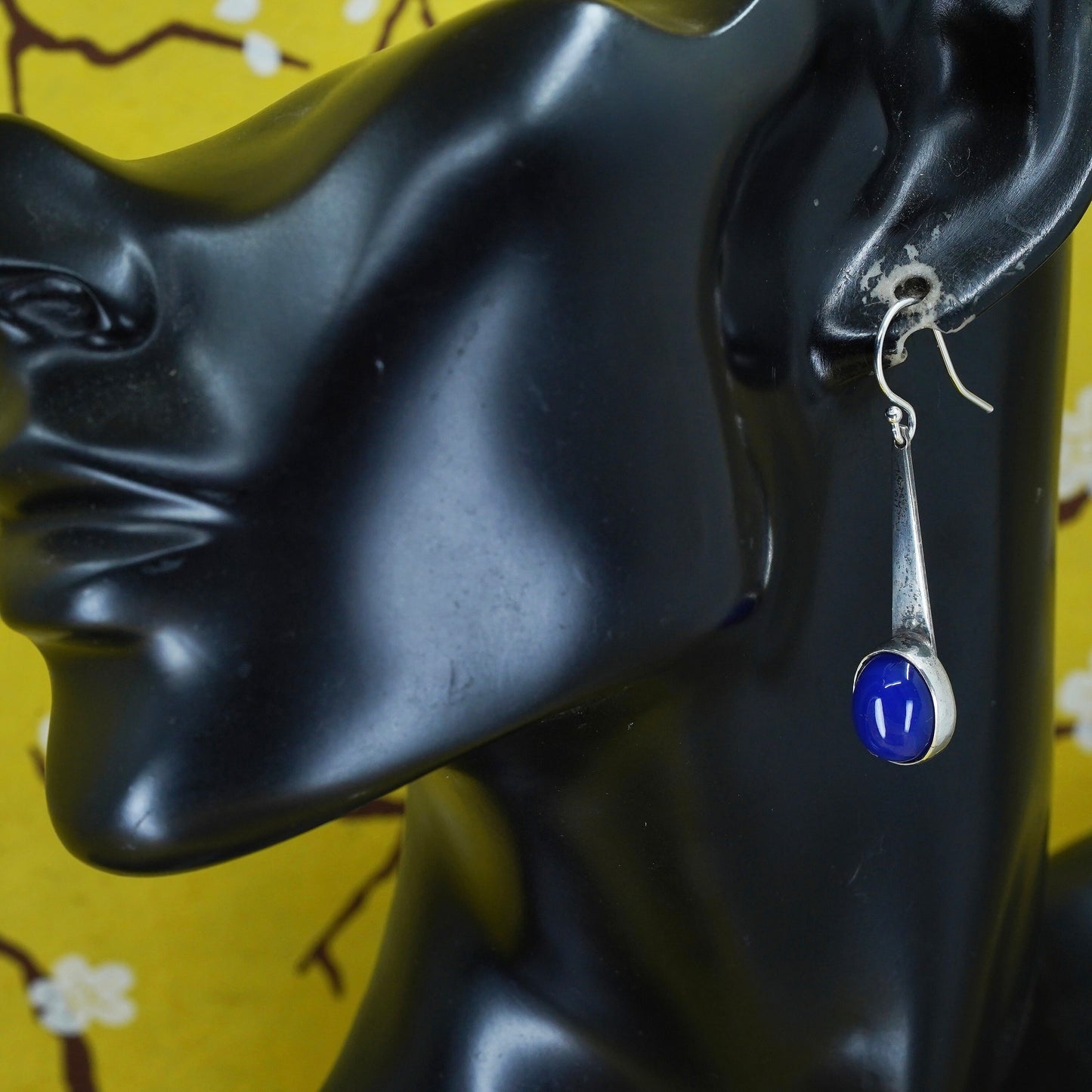 Vintage Sterling 925 silver handmade earrings with blue onyx inlay