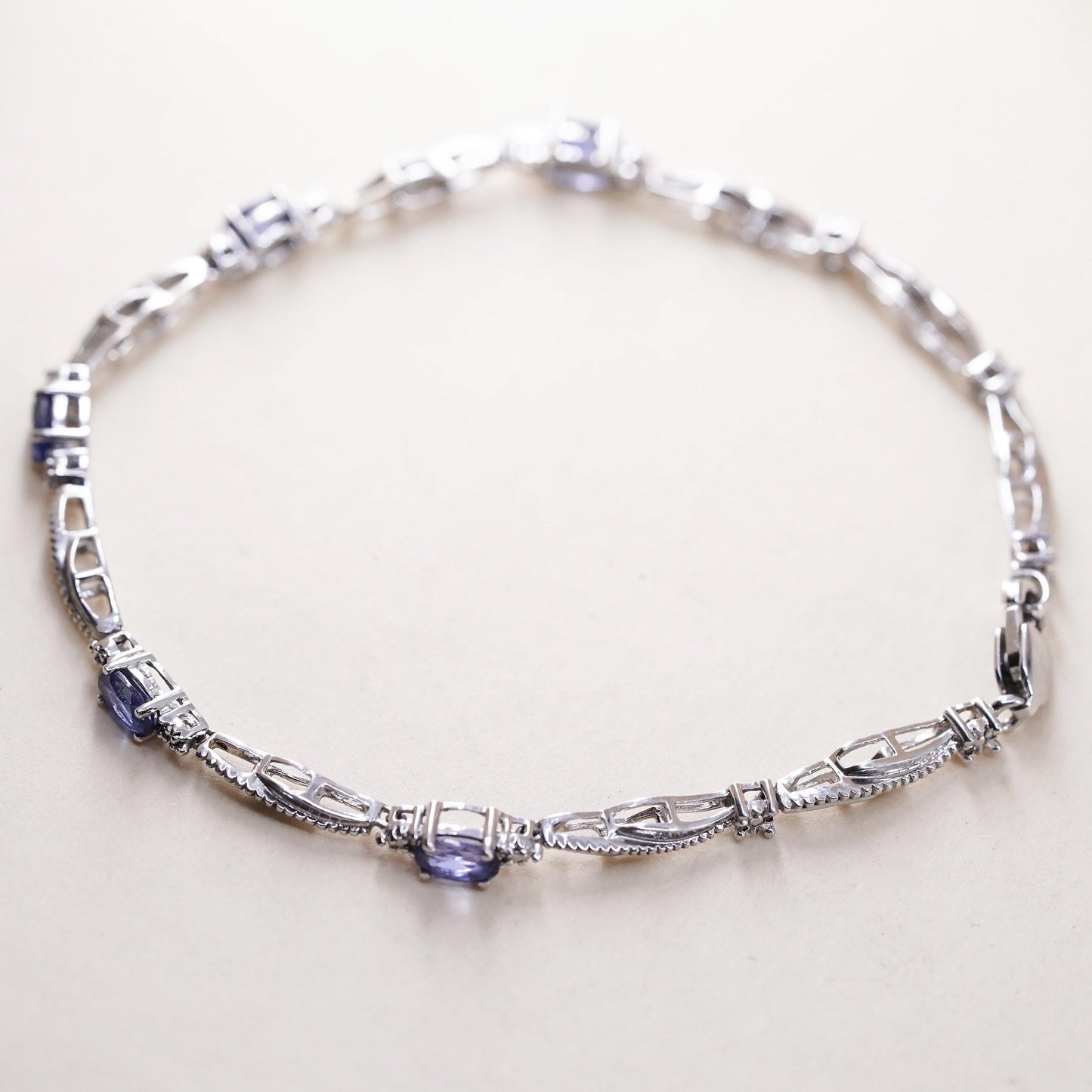 7", Vintage sterling silver tennis bracelet, 925 chain with diamond sapphire
