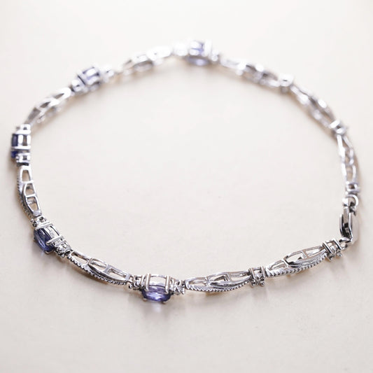 7", Vintage sterling silver tennis bracelet, 925 chain with diamond sapphire