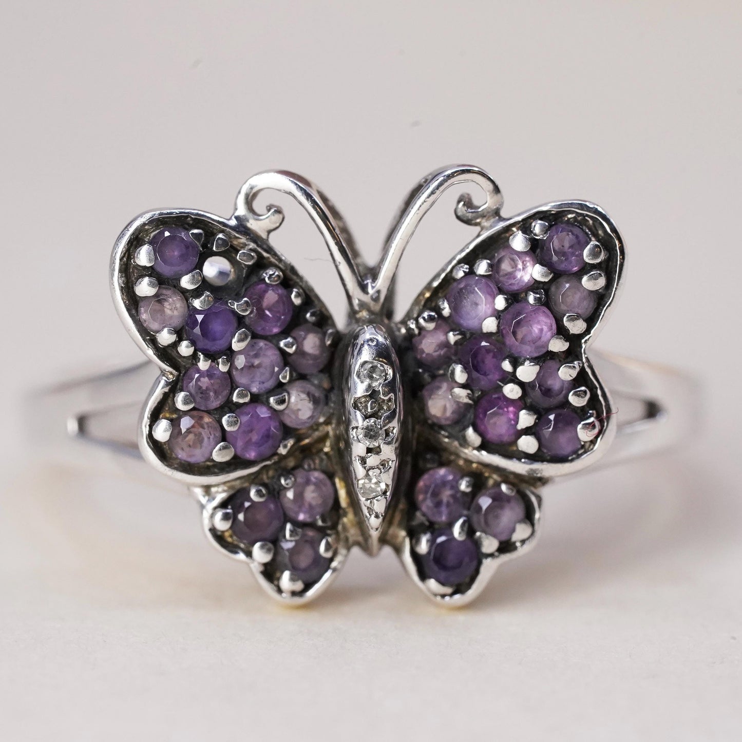 Size 9.5, Vintage Sterling 925 silver handmade butterfly ring cluster amethyst