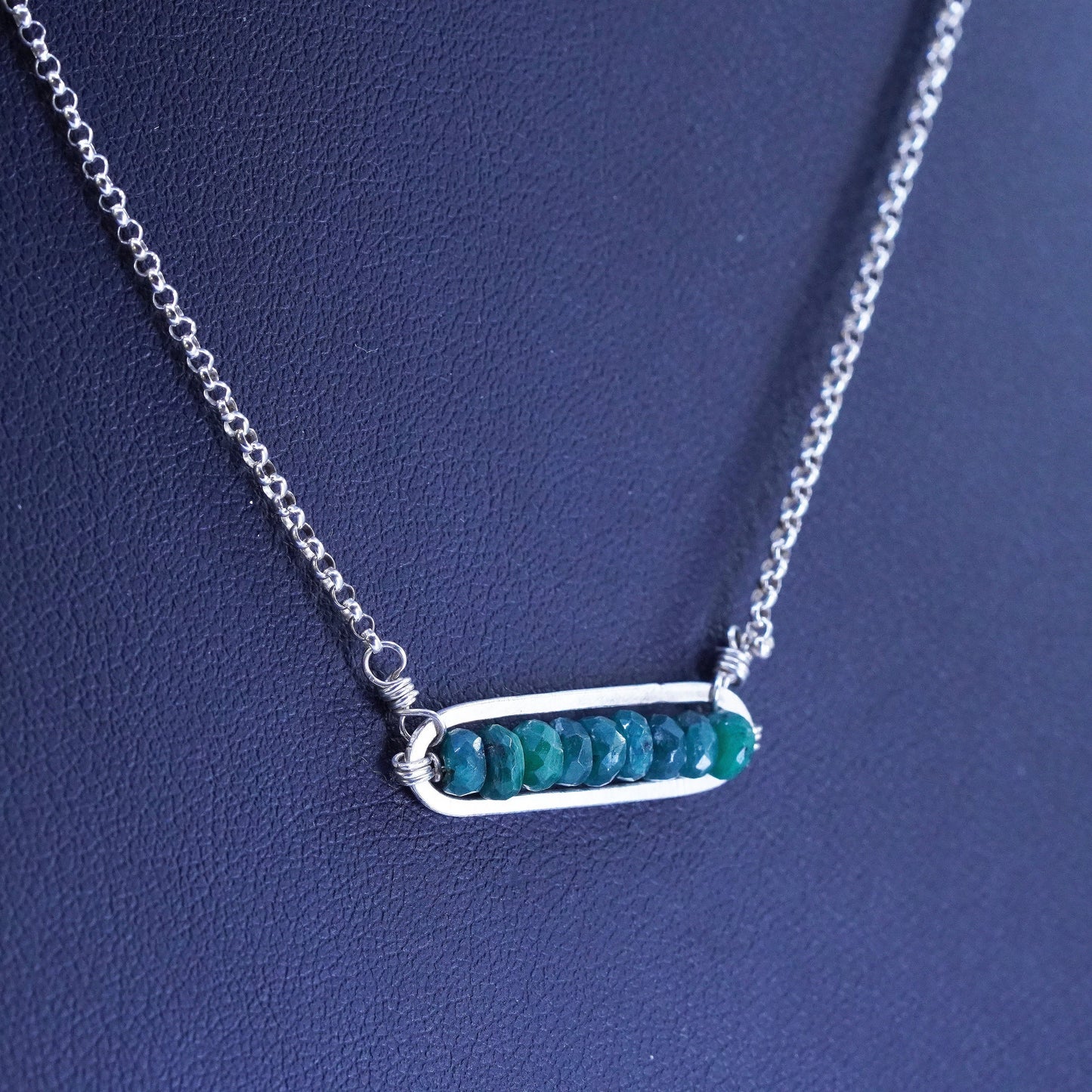 16”, Sterling silver handmade necklace, 925 circle chain emerald bead pendant
