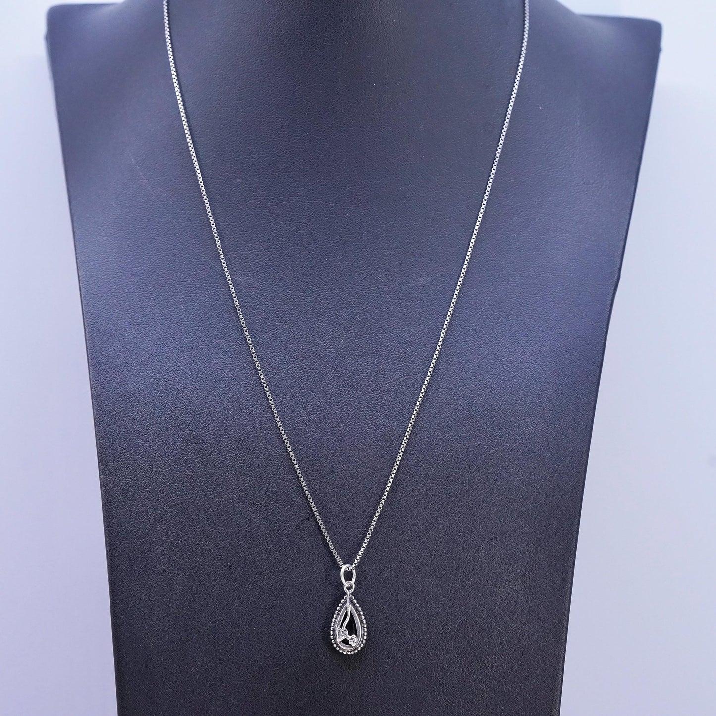 20" 1mm, vintage Sterling silver handmade necklace, 925 box link chain with teardrop onyx pendant, stamped 925