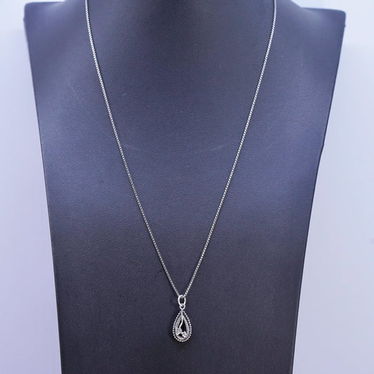 20" 1mm, vintage Sterling silver handmade necklace, 925 box link chain with teardrop onyx pendant, stamped 925