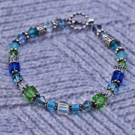 7", Vintage handmade sterling silver bracelet with green blue crystal