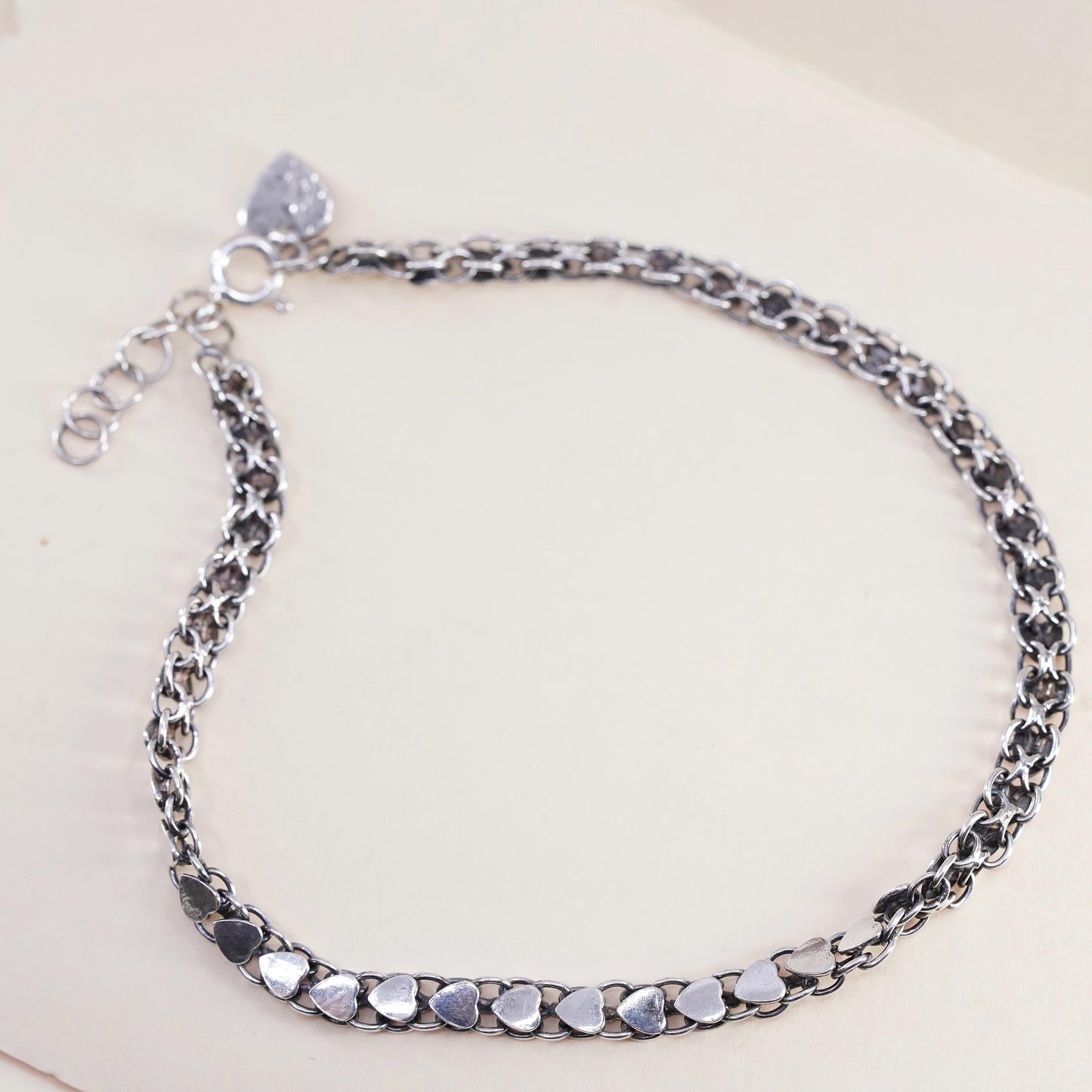 9+1”, Vintage sterling 925 silver bracelet anklet, Italy heart link chain