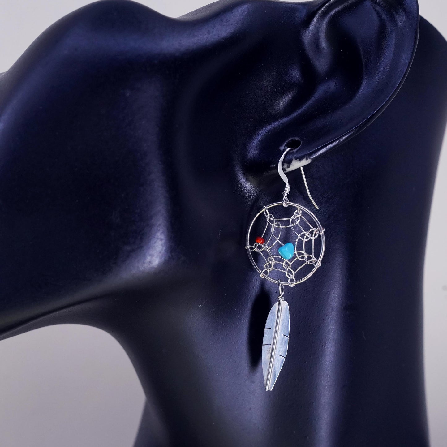 Native American Sterling silver earrings, 925 turquoise coral feather dangles