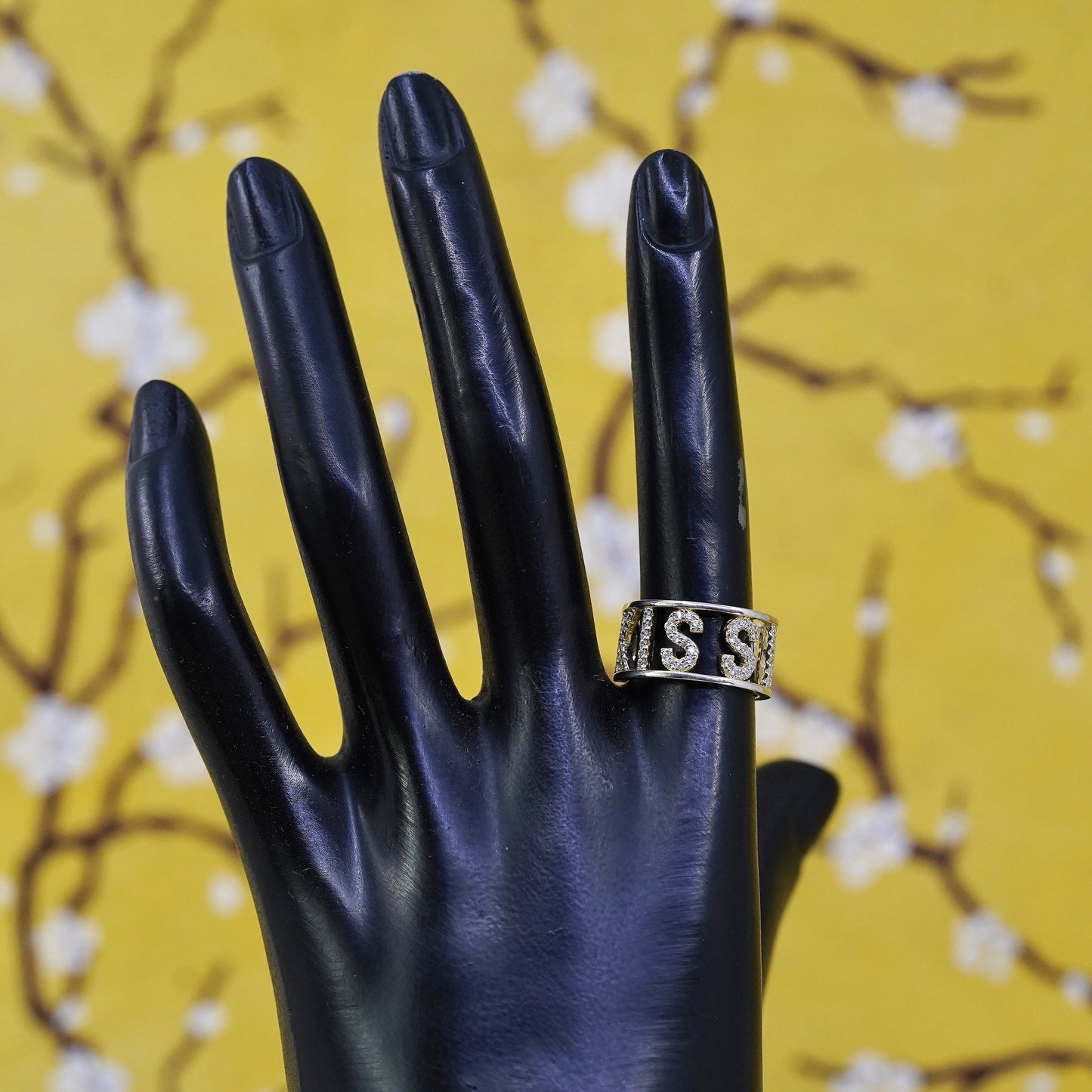 vintage vermeil gold over Sterling silver “Kiss Me” ring, 925 band cluster cz