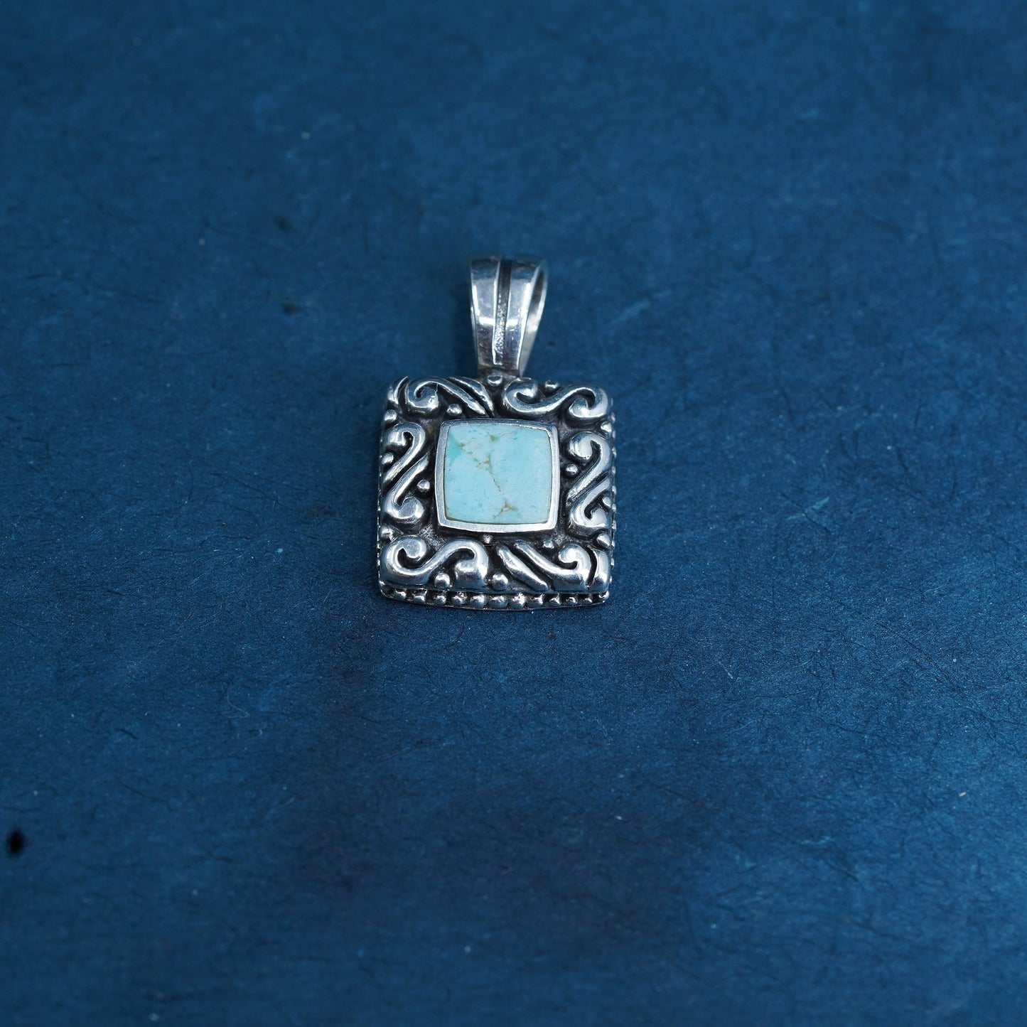 southwestern Sterling 925 silver handmade filigree pendant w/ square turquoise