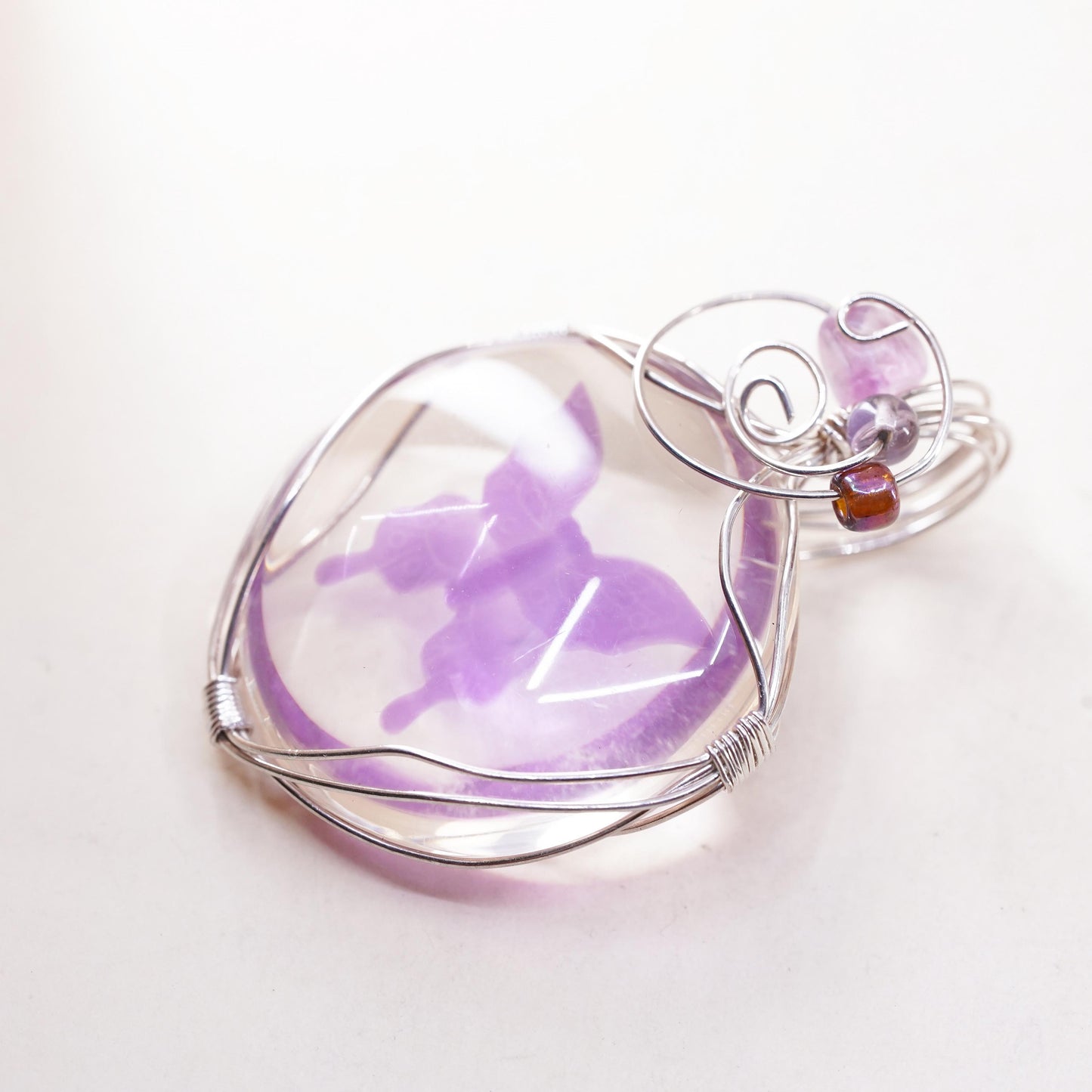 VTG Mexican sterling silver wire dichroic foiled glass purple butterfly pendant