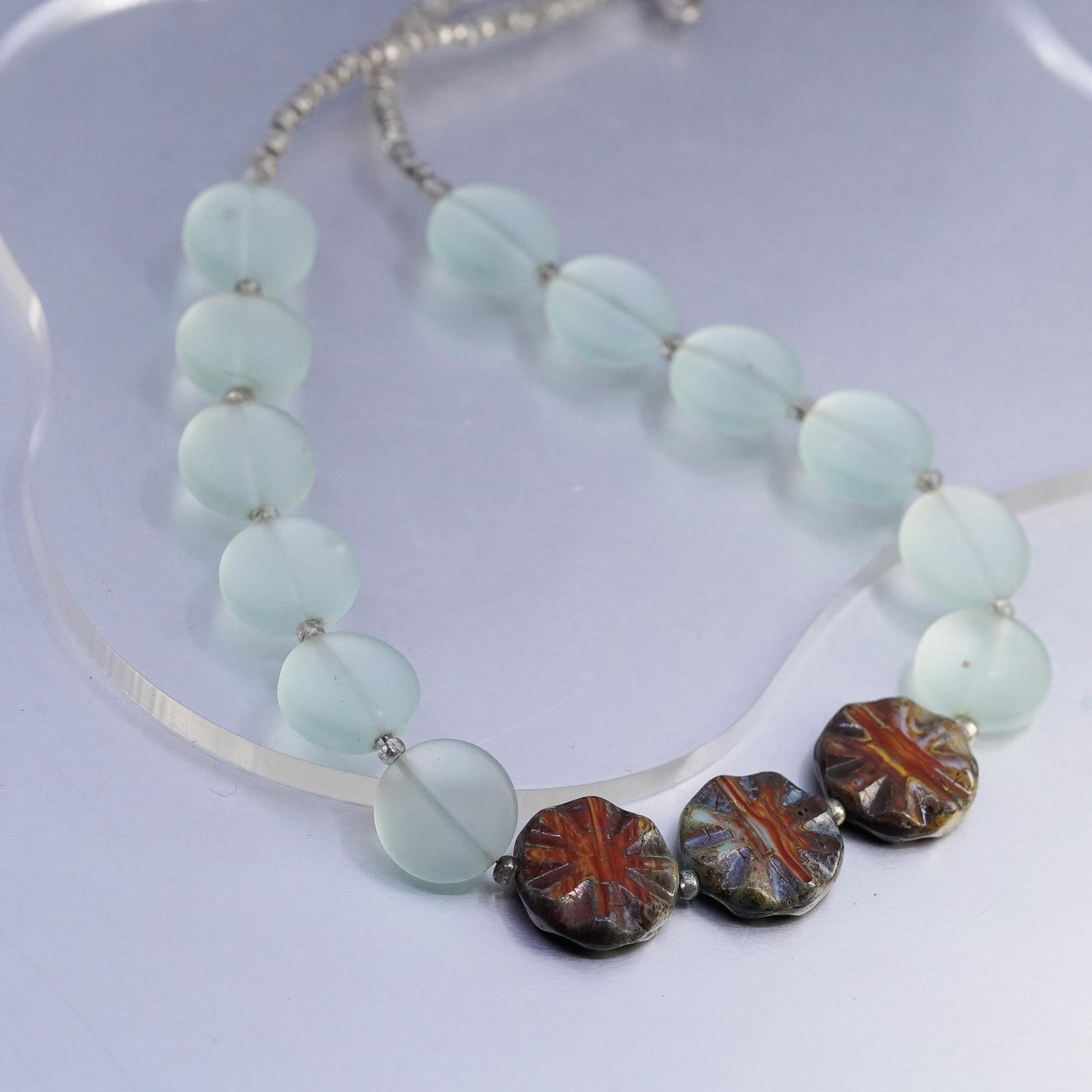 16", Vintage Sterling Silver 925 necklace coin green glass beads agate pendant