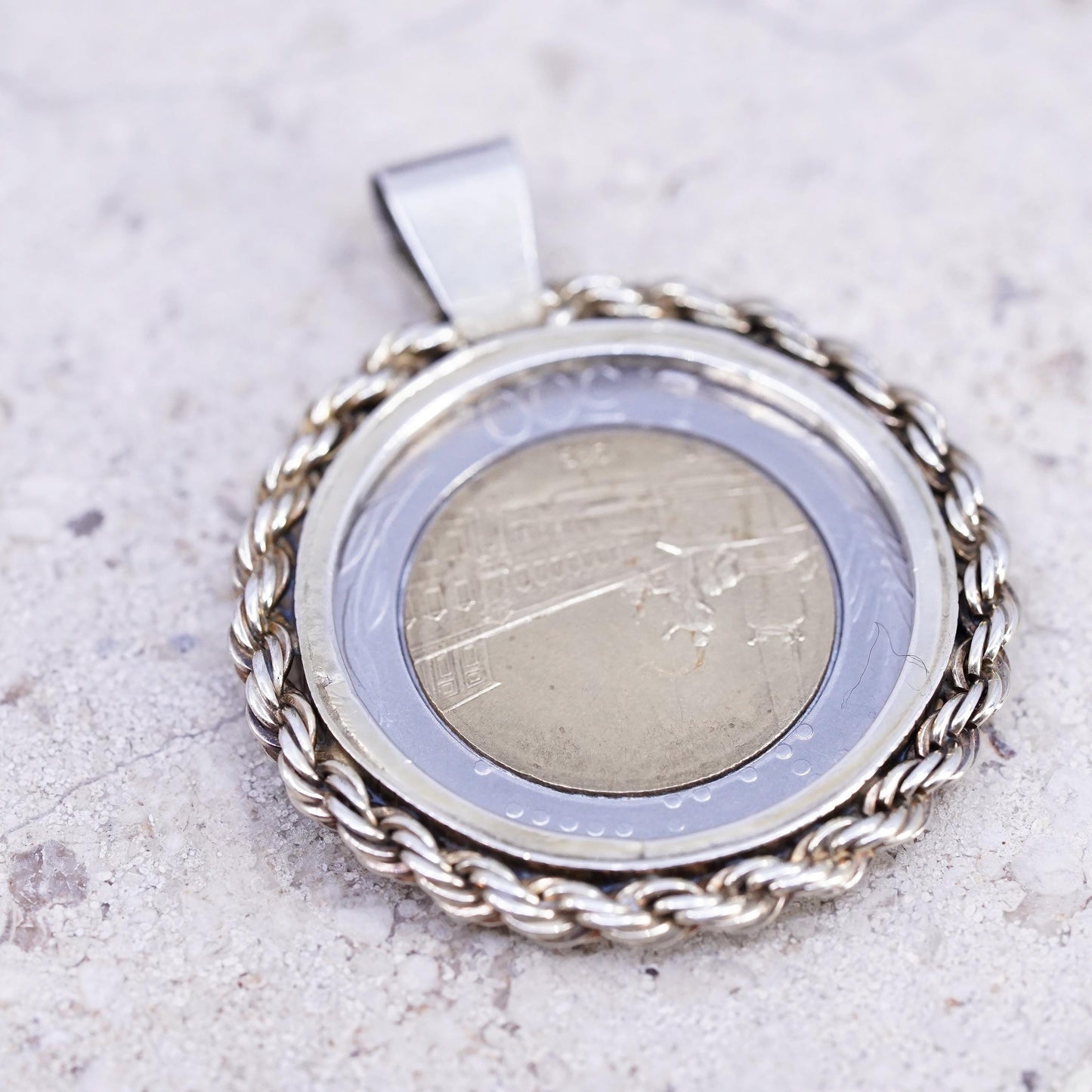 Italian 500 Lire Coin Charm Pendant sterling silver 925 case gold rope chain