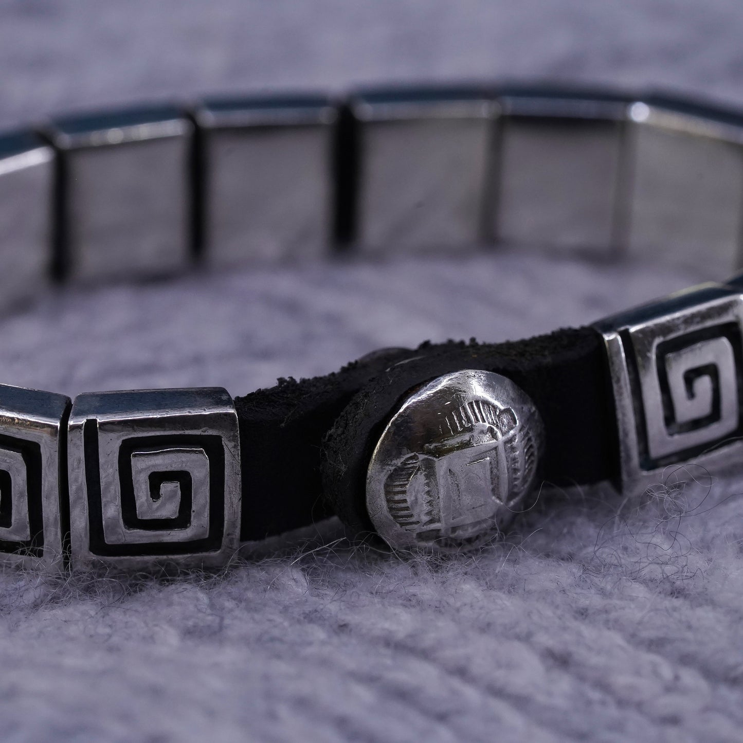 5.75”, Sterling silver bracelet, 925 Greek key bracelet with leather strap