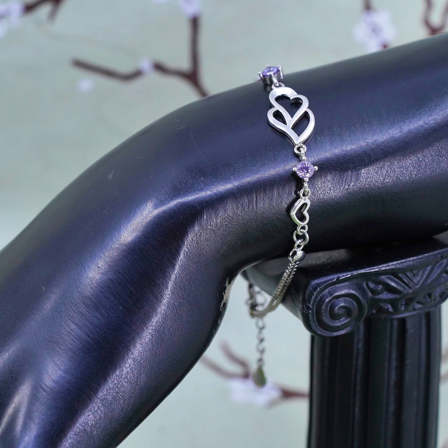 6.5”, Vintage sterling silver double heart box chain, 925 bracelet w/ amethyst