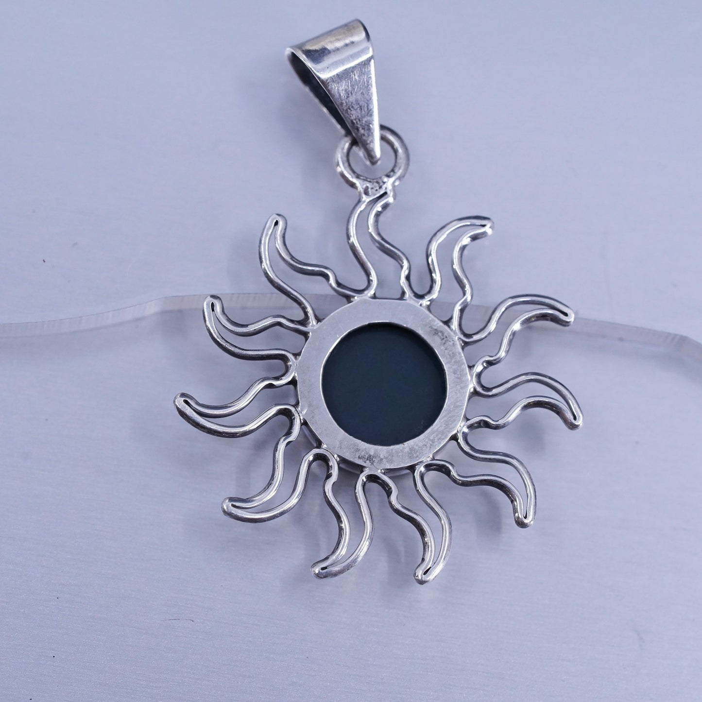 Mexican sterling 925 silver handmade sun flower pendant with circle onyx inlay