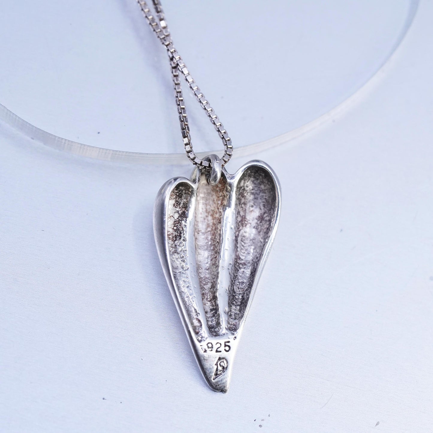 16+2", 925 Sterling Silver Vintage box Necklace with ribbed teardrop pendant