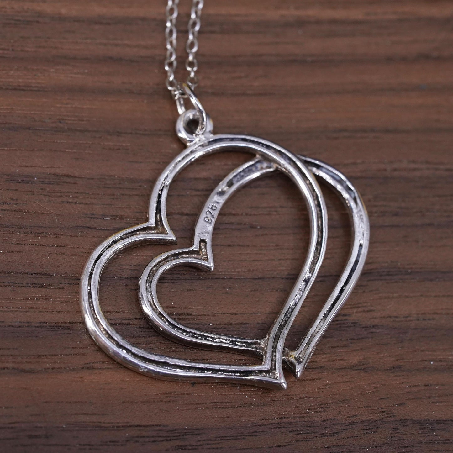 18”, vintage Sterling silver necklace, 925 circle chain double heart pendant