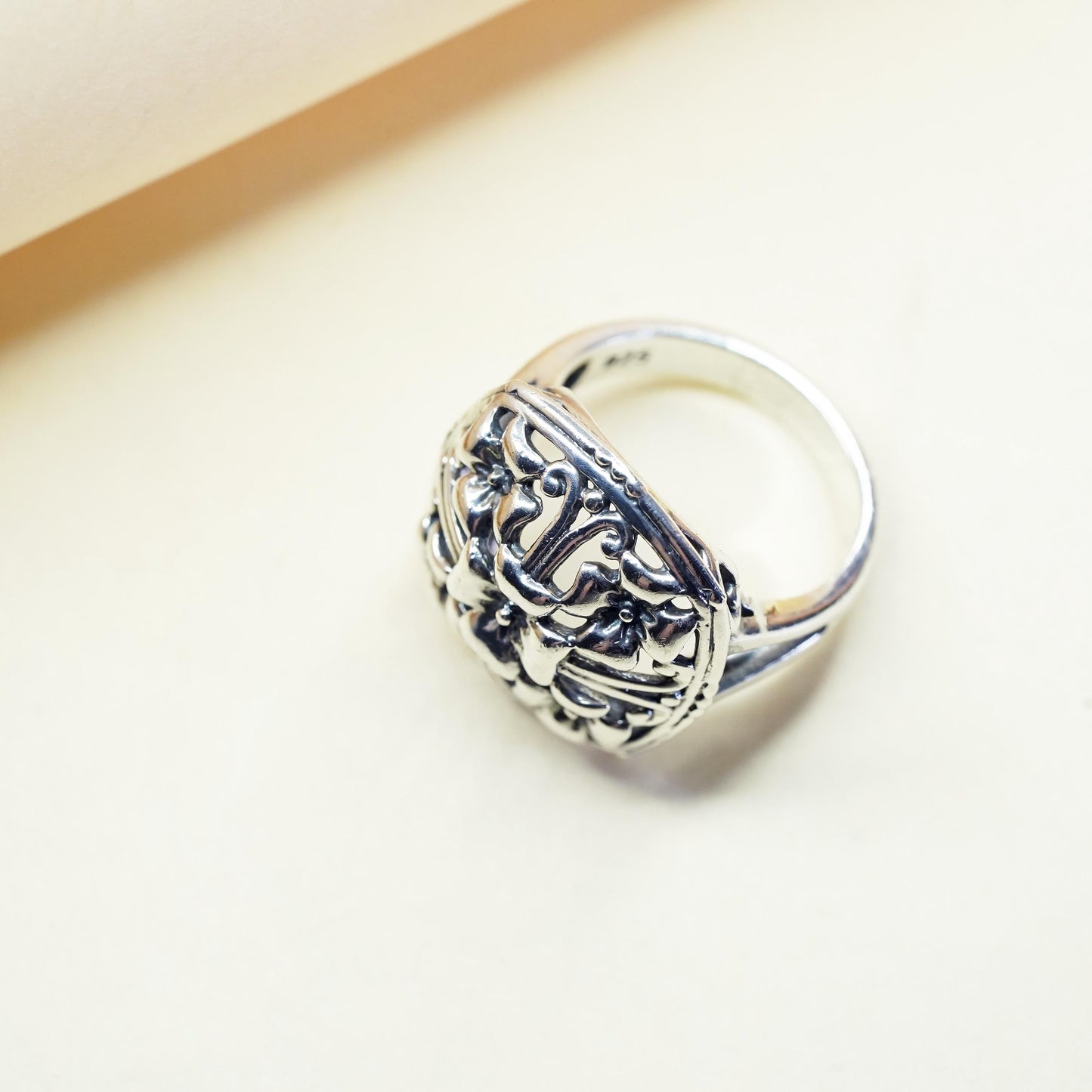 Size 6.25, vintage Sterling silver handmade ring, 925 filigree flower band