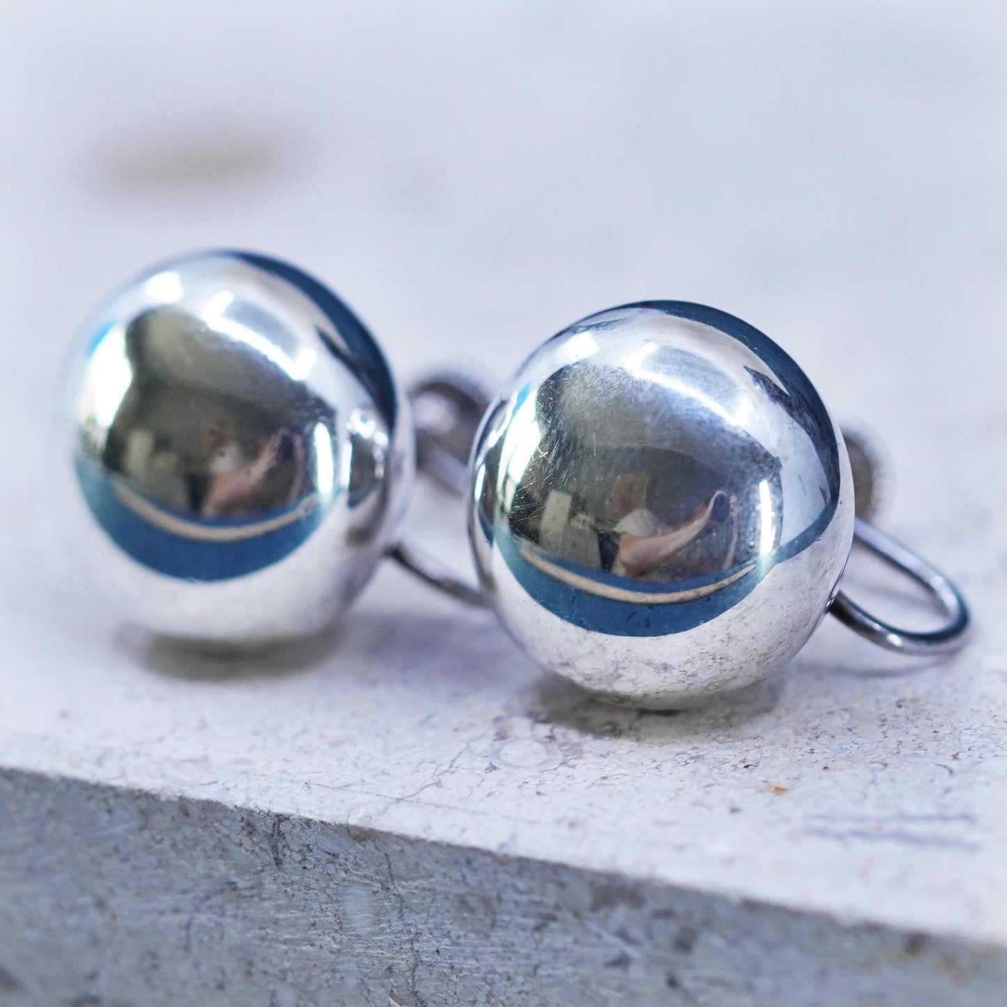 Vintage Sterling silver handmade earrings, high polished 925 Button screw back