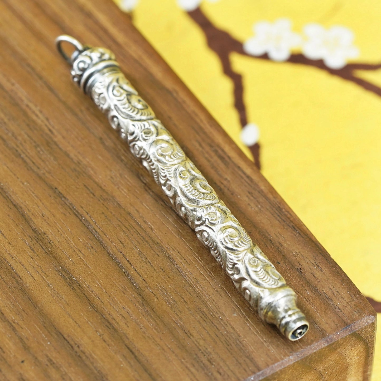 Sterling silver prayer box pendant, 925 tube locket charm with spiral pattern