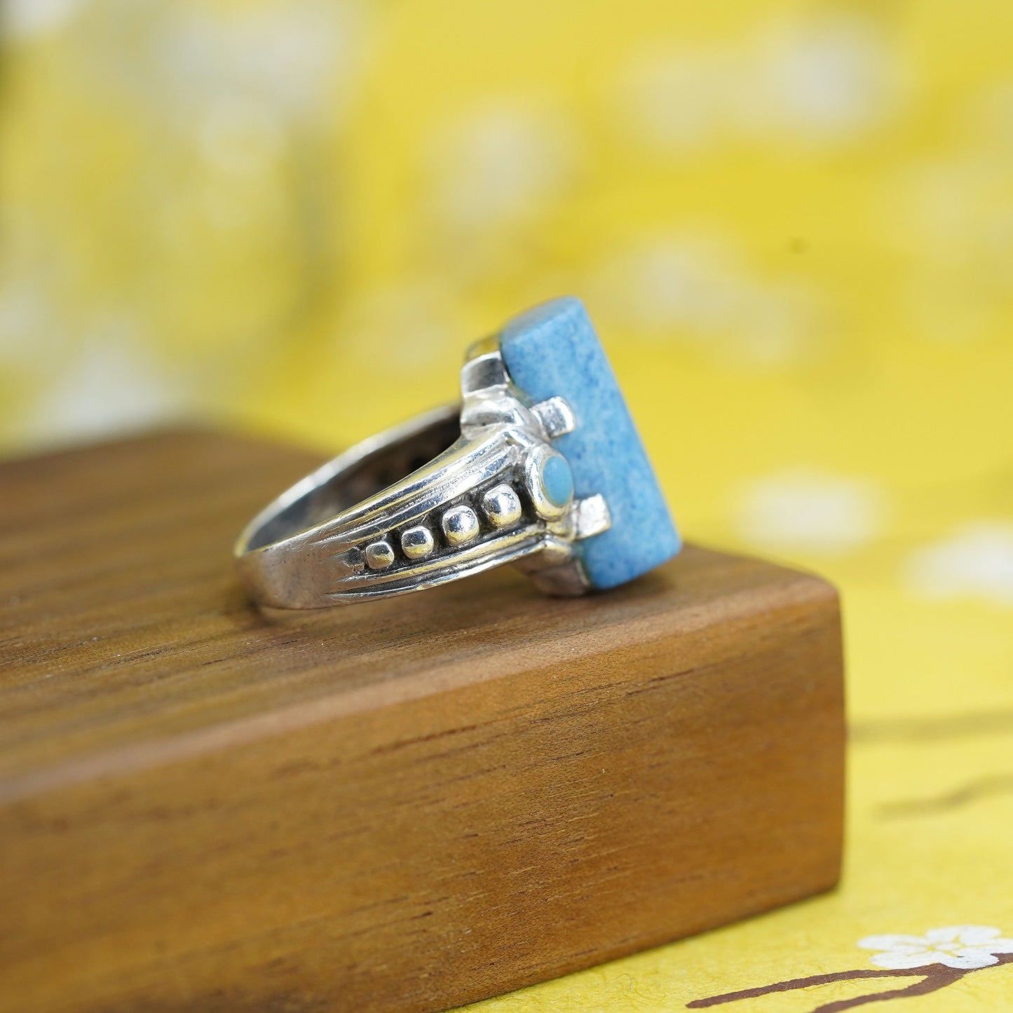Size 7.25, vintage Sterling 925 silver handmade ring denim lapis lazuli beads