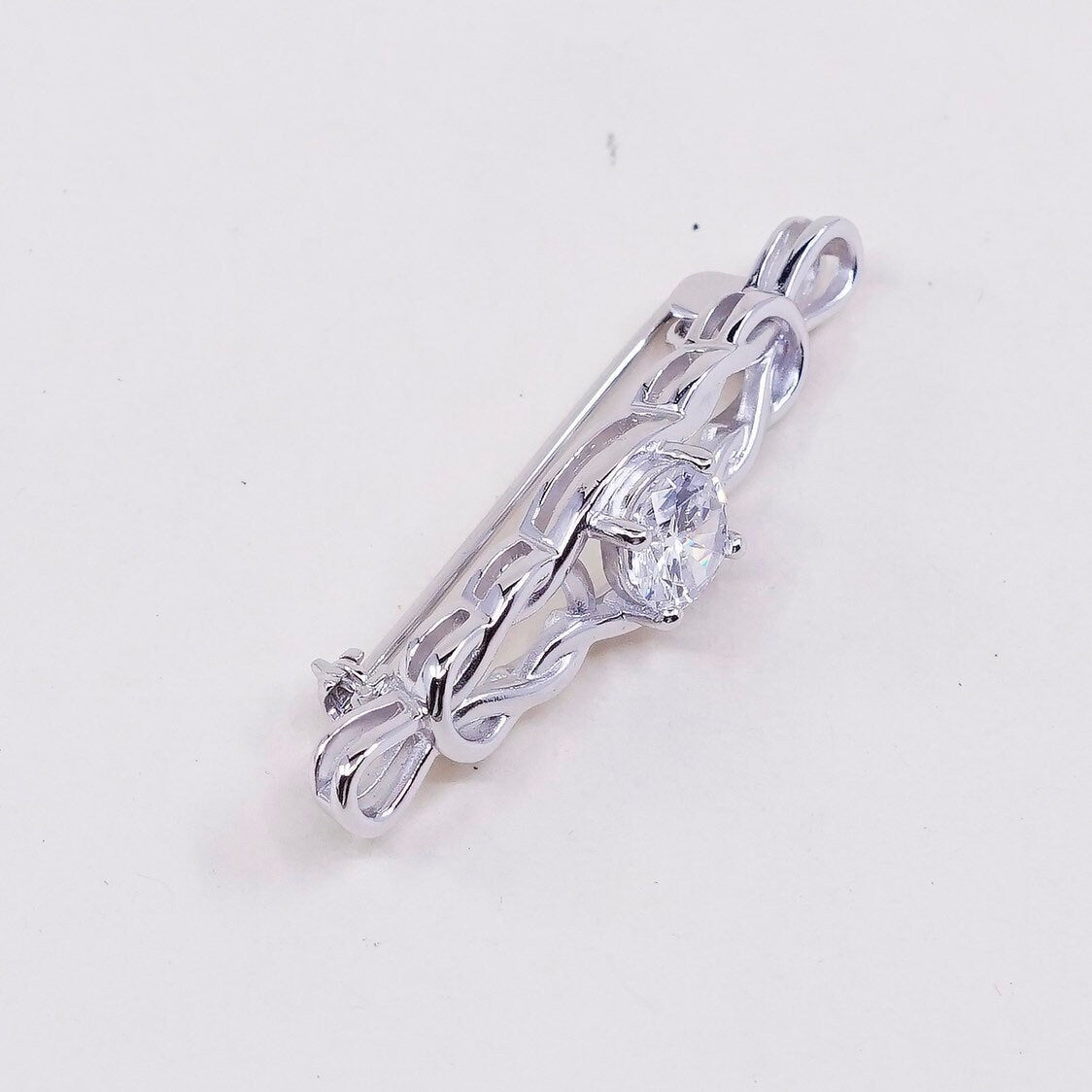 Vintage sterling silver handmade brooch, solid 925 silver entwined knot pin with Cz detail, simple, modern, stamped 925