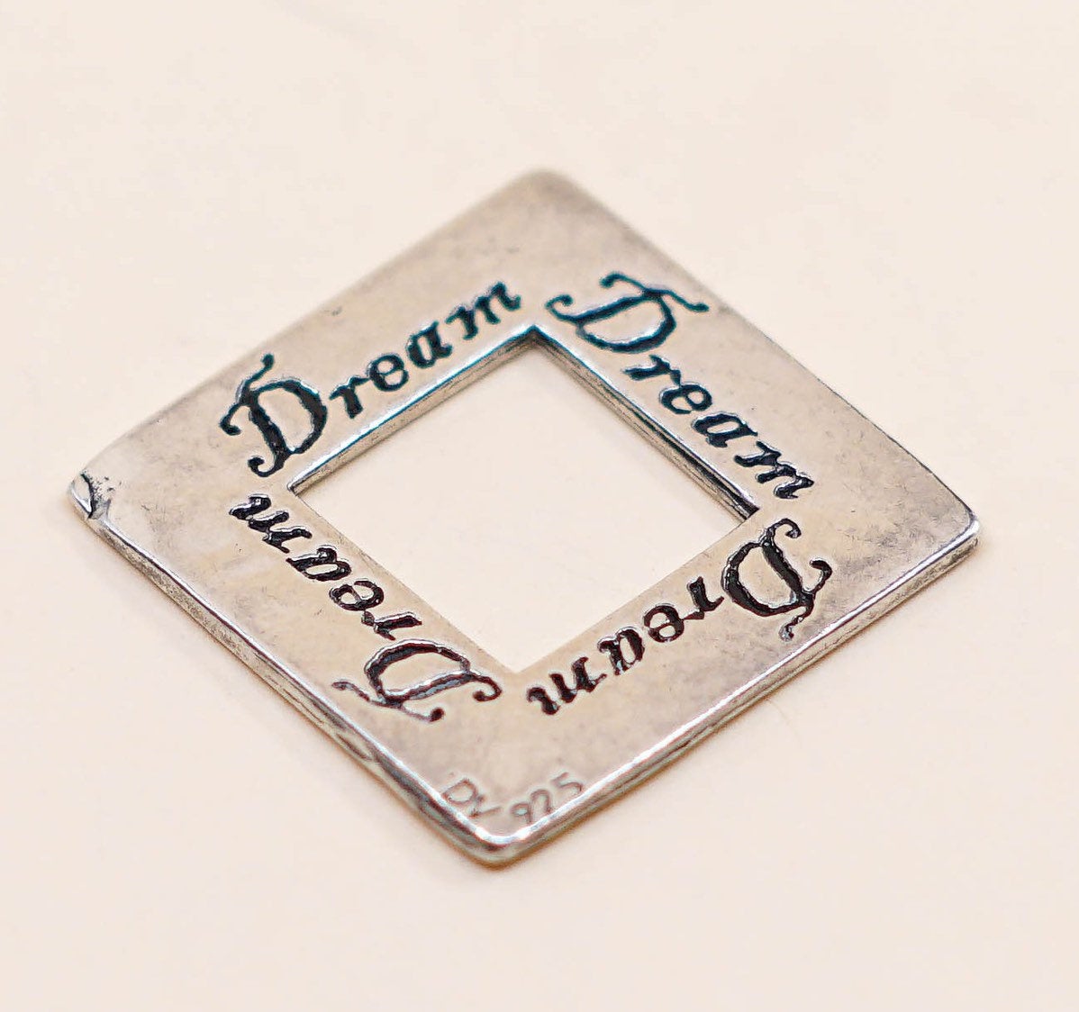 vtg Sterling silver handmade pendant, Hammered 925 square embossed “dream”