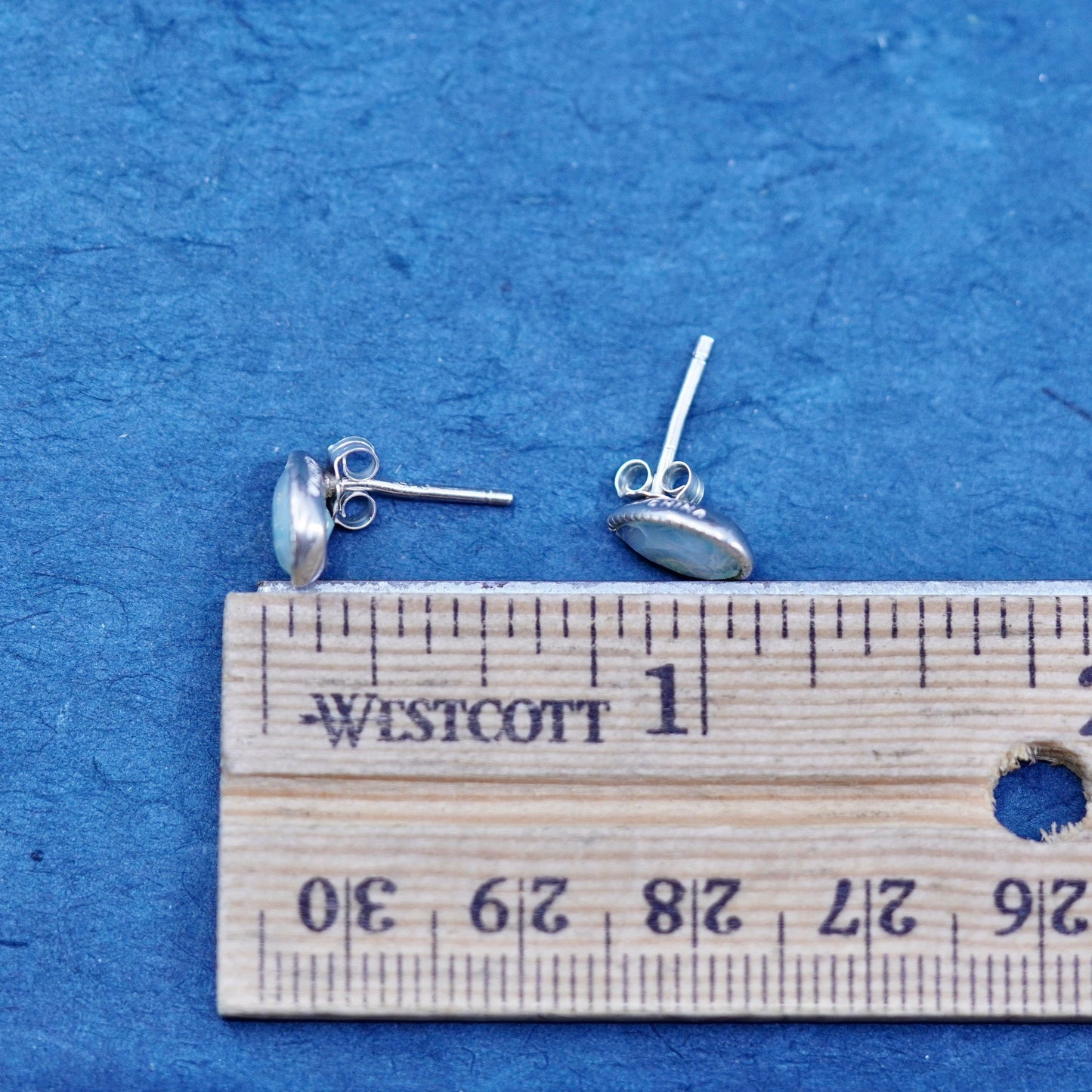 Vintage sterling silver handmade earrings, 925 heart studs with moonstone