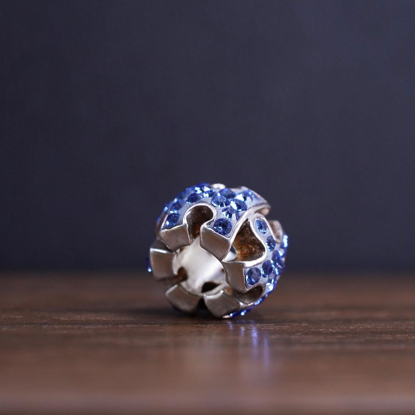 Vintage Sterling 925 silver handmade puzzle bead charm with cluster cz