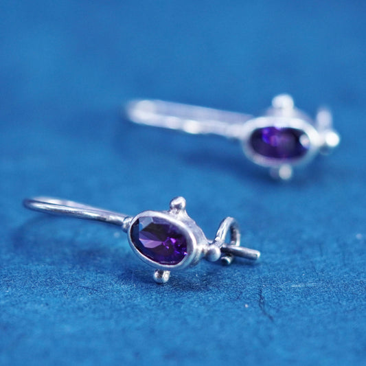 Vintage sterling silver handmade earrings, 925 silver with oval amethyst