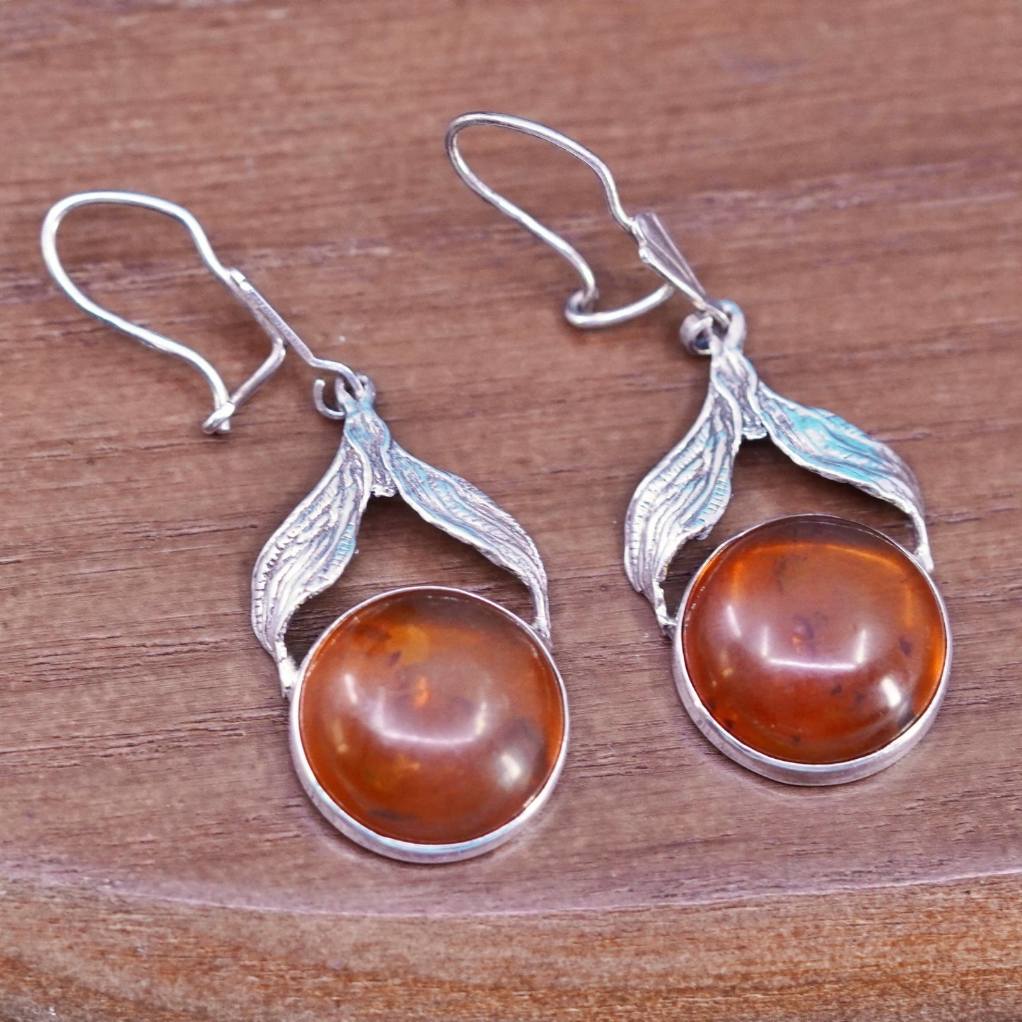 Vintage sterling 925 silver handmade leafy earrings with round amber