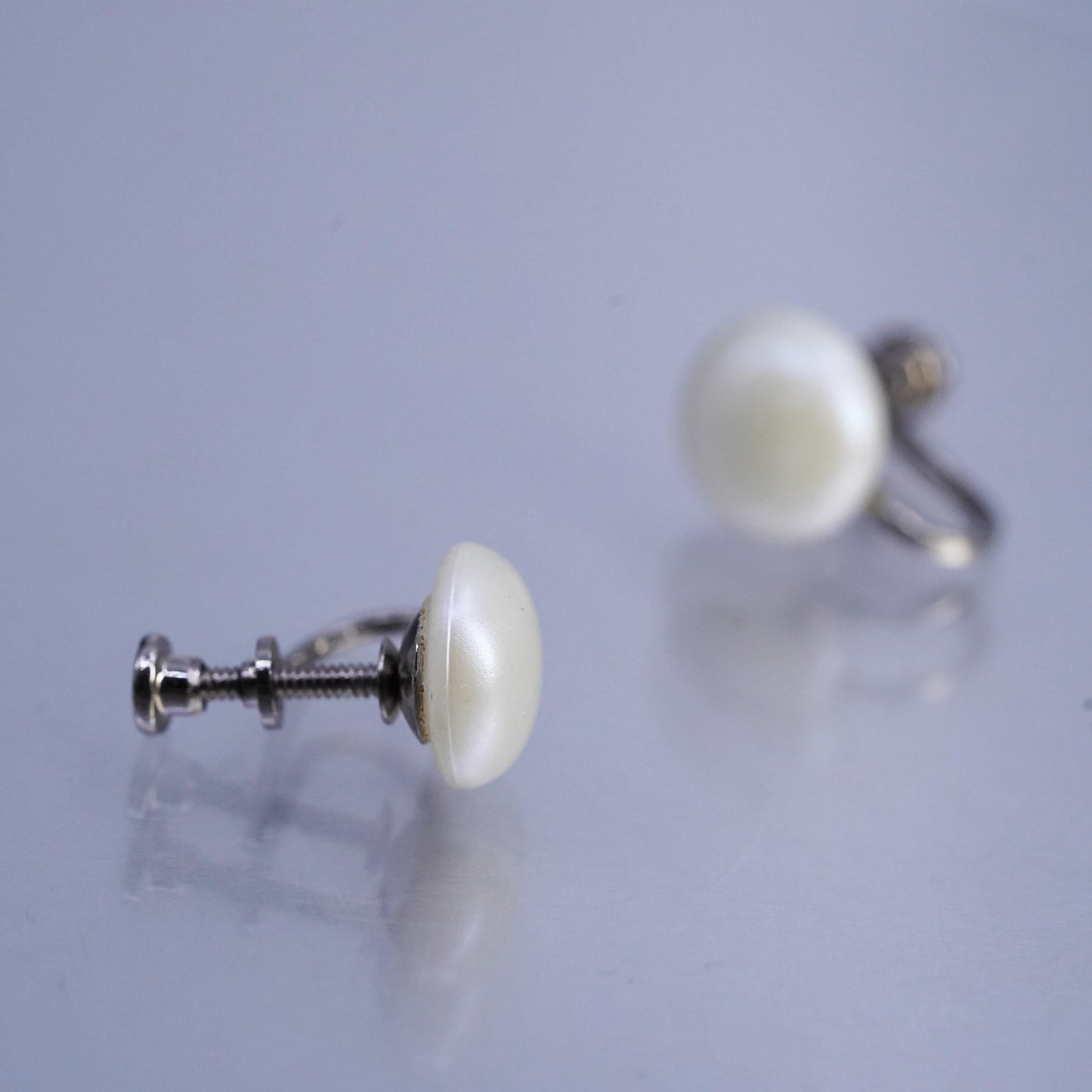 Vintage Sterling 925 Silver Handmade Screw Back Earrings With faux Pearl