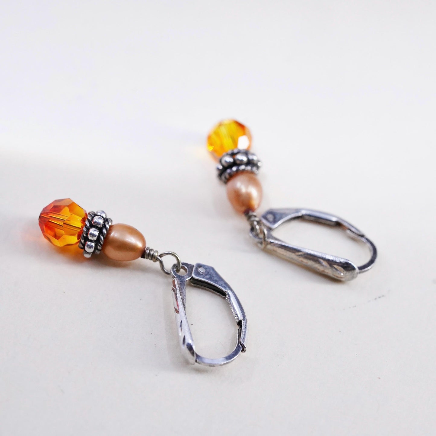 Vintage 925 Sterling silver earrings with orange pearl crystal drops Leverback