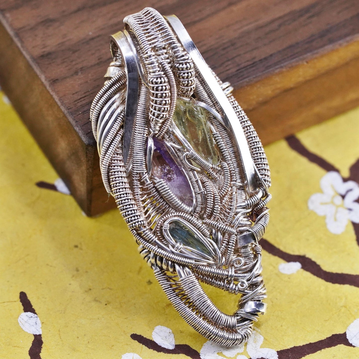 Vintage Sterling silver pendant, 925 wired teardrop with amethyst and peridot