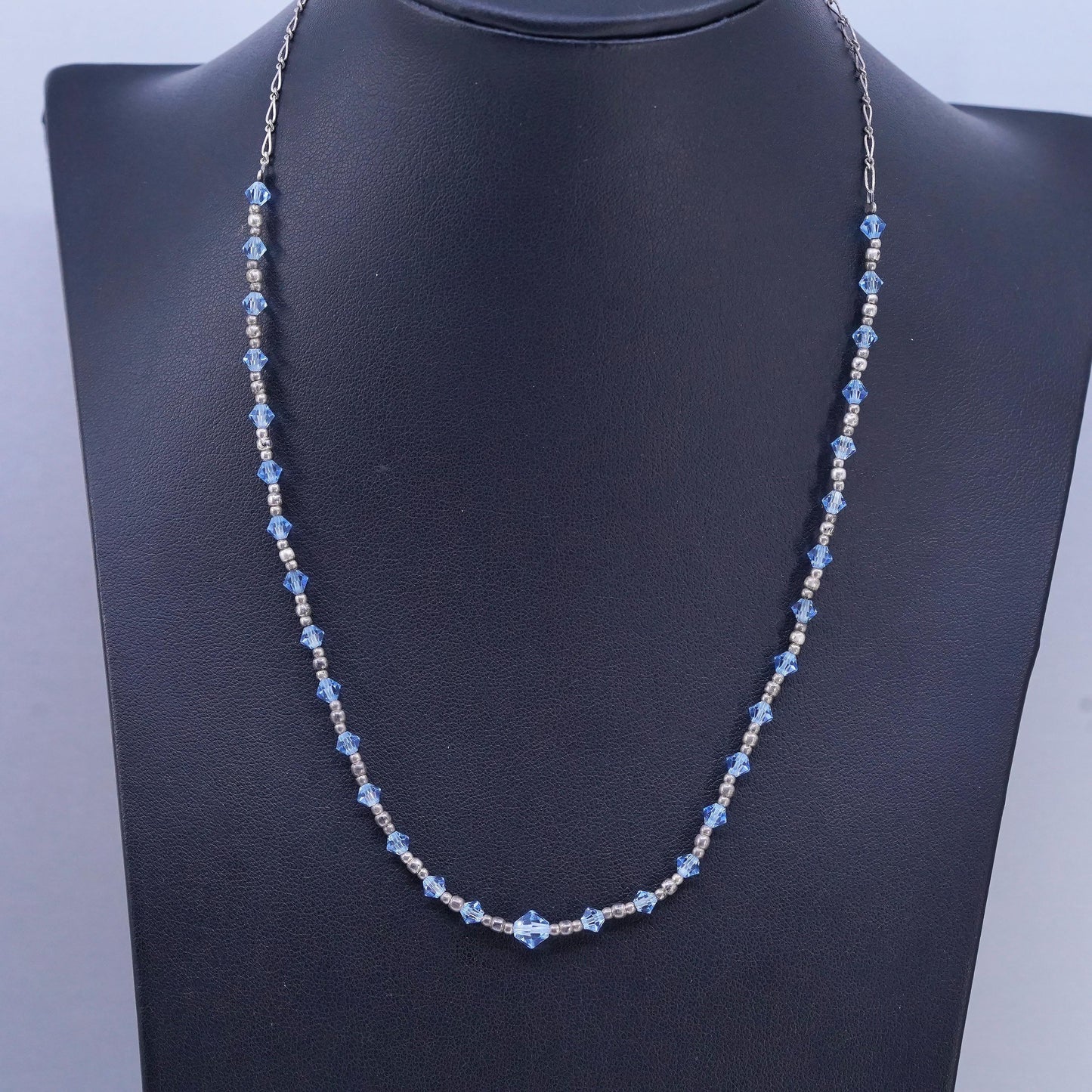 18", Vintage Sterling handmade necklace, 925 Silver beads W/ blue Crystal Beads