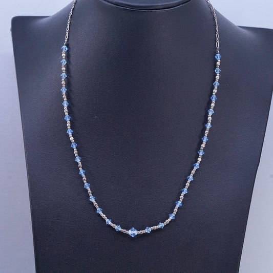 18", Vintage Sterling handmade necklace, 925 Silver beads W/ blue Crystal Beads