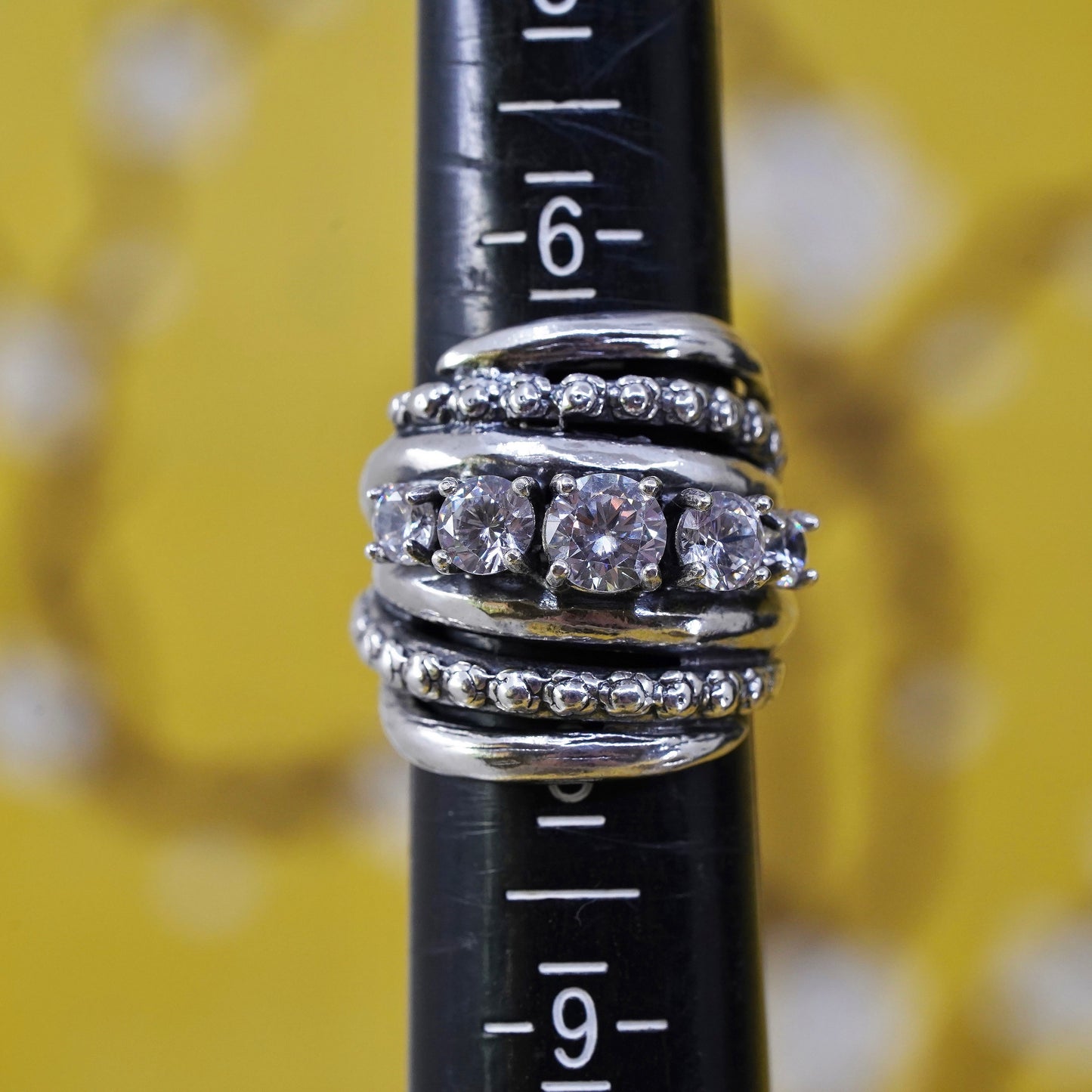 Size 7, Israel Shablool Didae sterling silver ring with cz, wide 925 band topaz