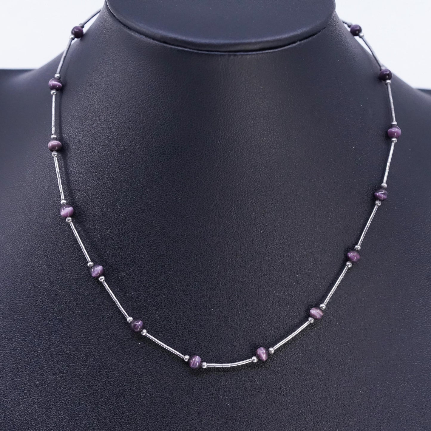 15", Native American Sterling 925 liquid silver necklace purple tiger eye beads