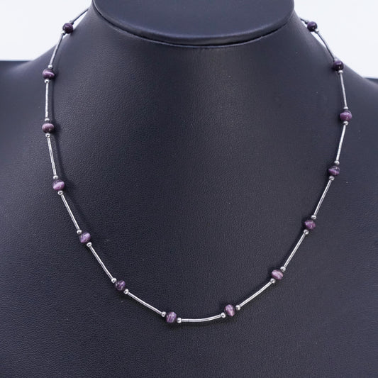 15", Native American Sterling 925 liquid silver necklace purple tiger eye beads