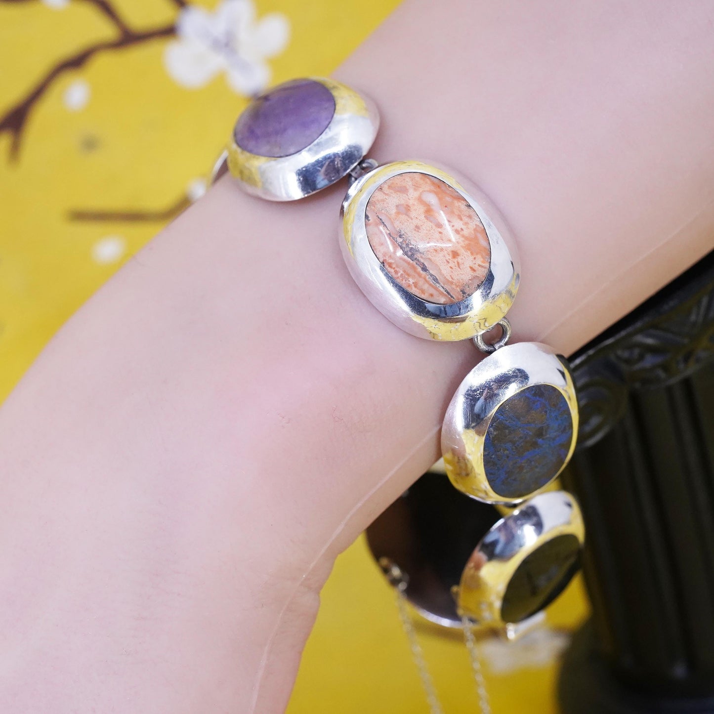 7.75", Mexican AM Sterling 925 silver bracelet turquoise obsidian jasper onyx