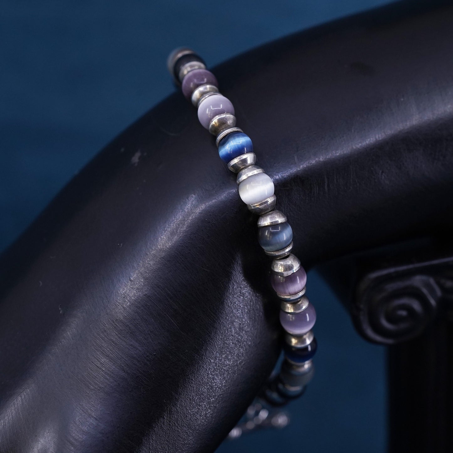 6.75”, sterling 925 silver handmade bracelet with cats eye beads toggle closure