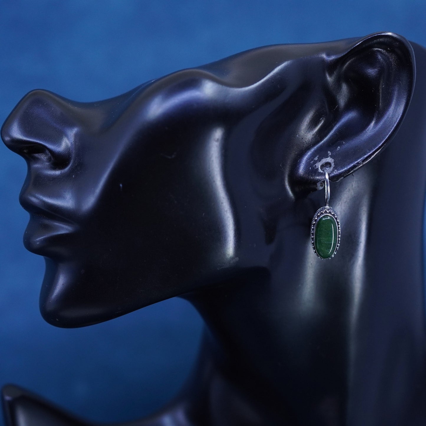 Vintage Sterling 925 silver handmade bali earrings with oval jade