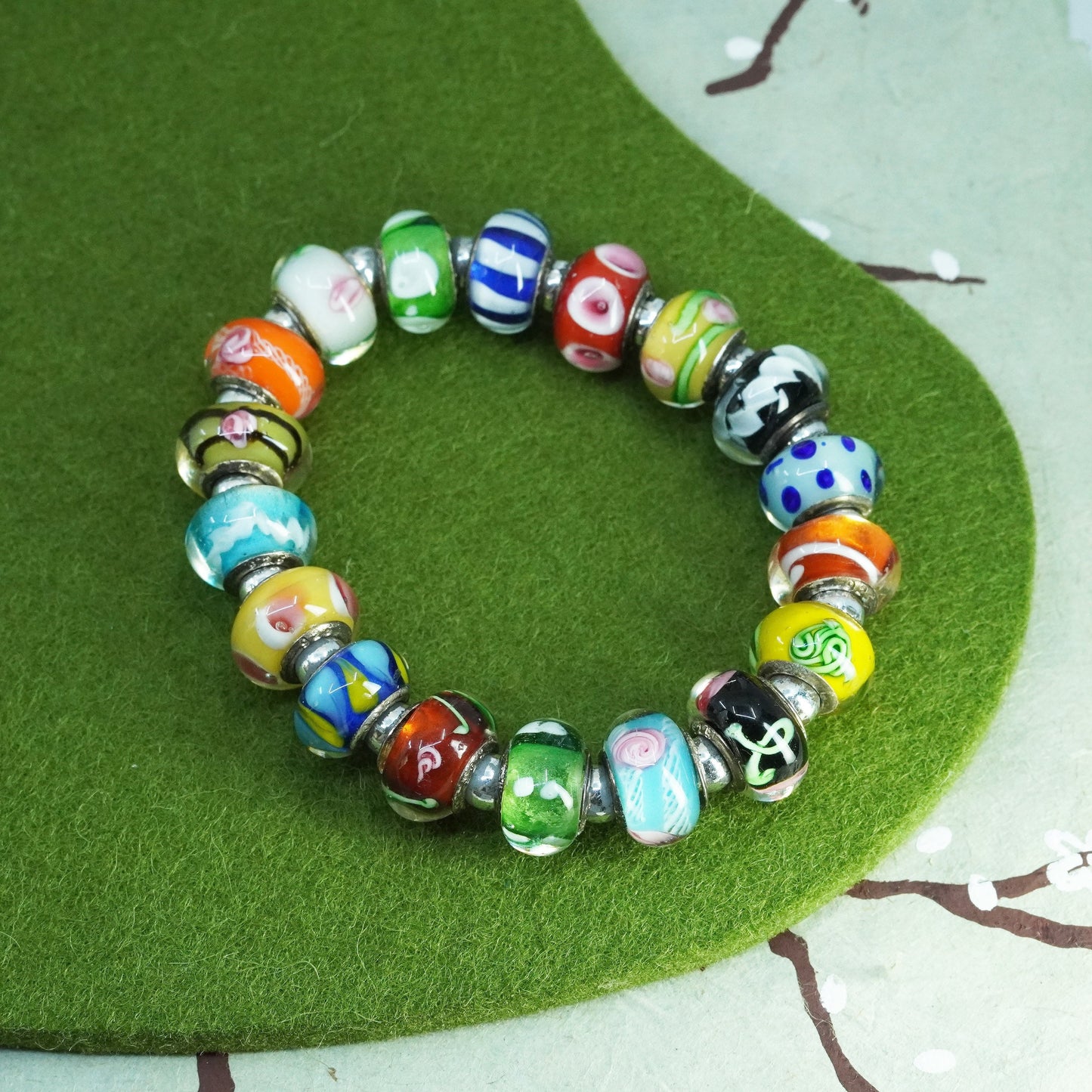 6”, artisan Murano glass colorful beads with sterling 925 silver trims