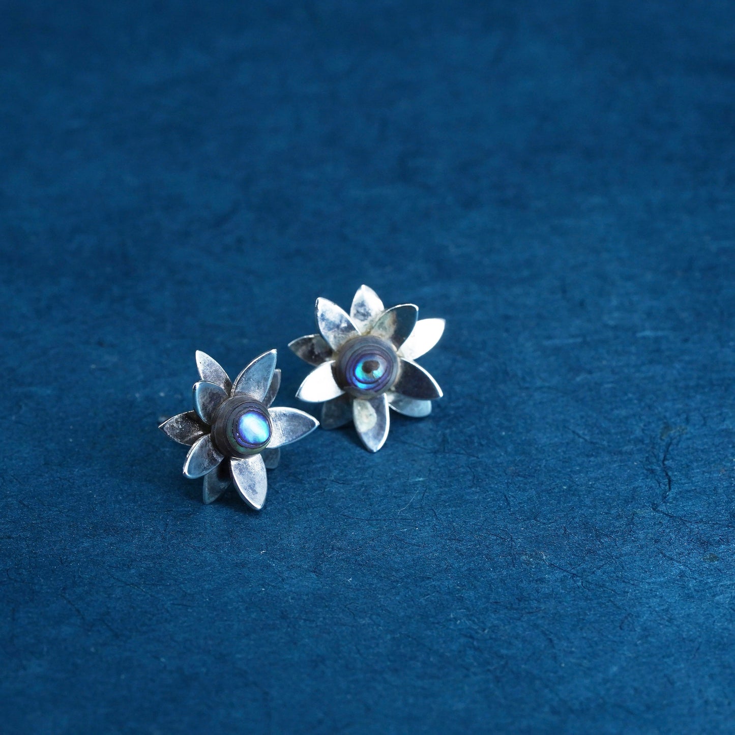 Vintage Sterling silver handmade earrings, 925 silver flower studs with abalone