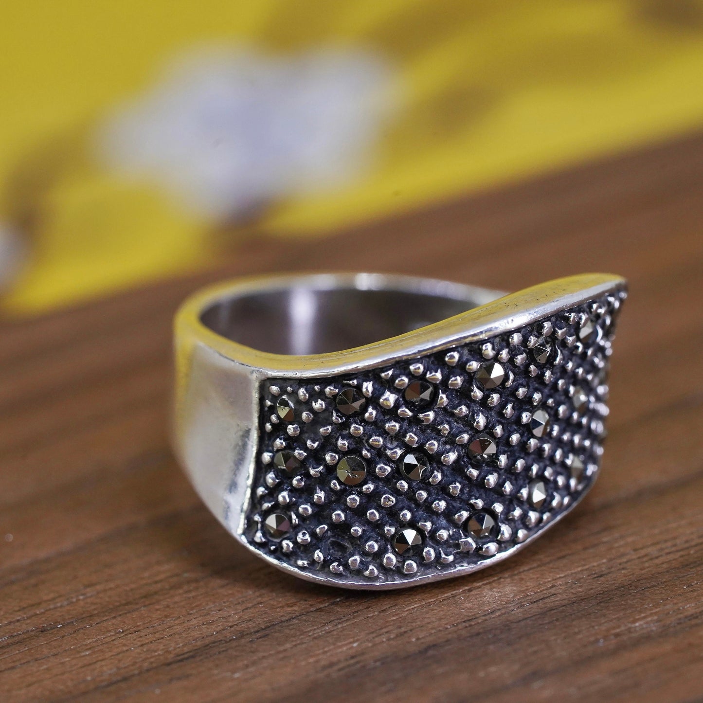Size 8, Sterling silver handmade ring, southwestern, 925 wavy band marcasite