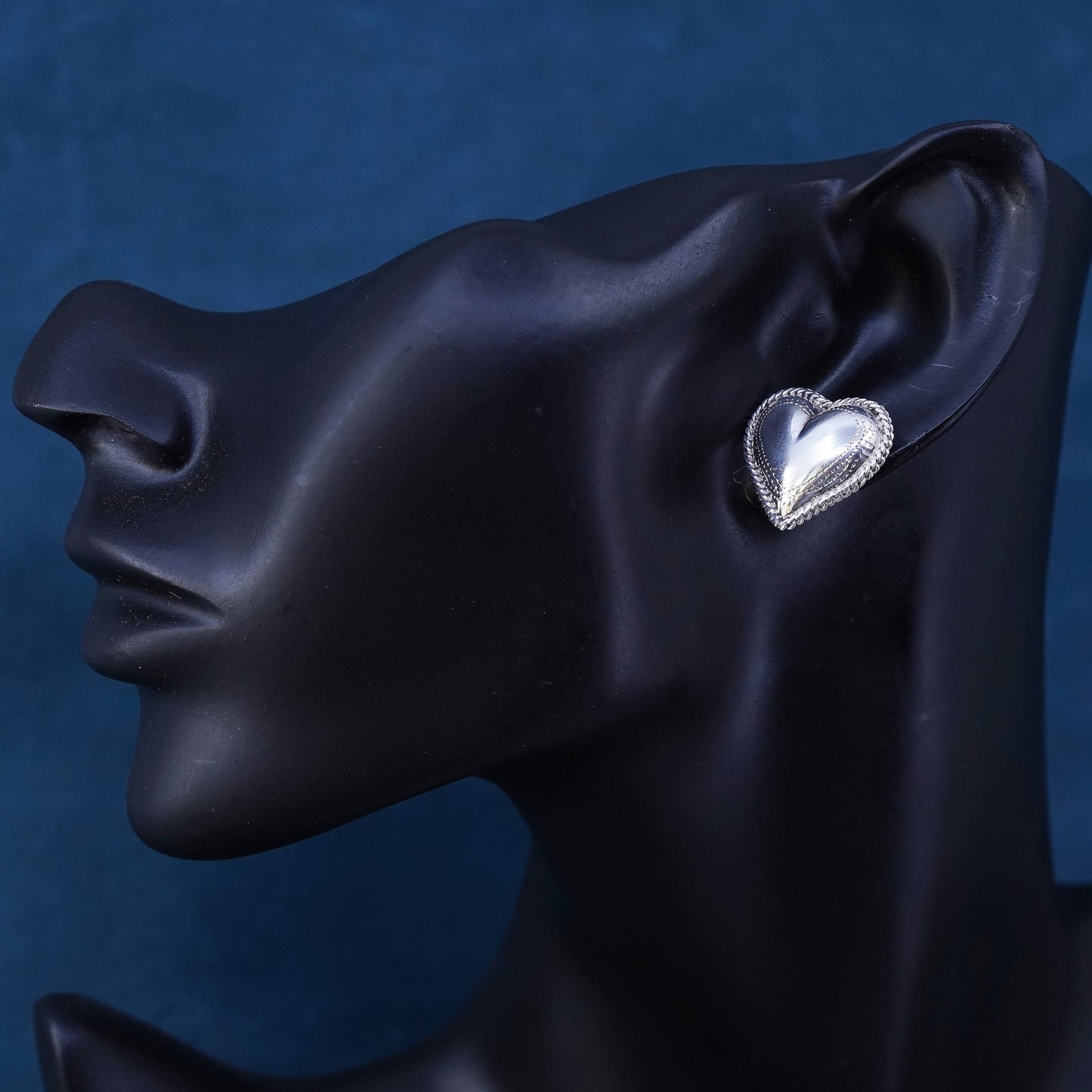 Vintage Sterling silver handmade earrings, textured 925 heart studs