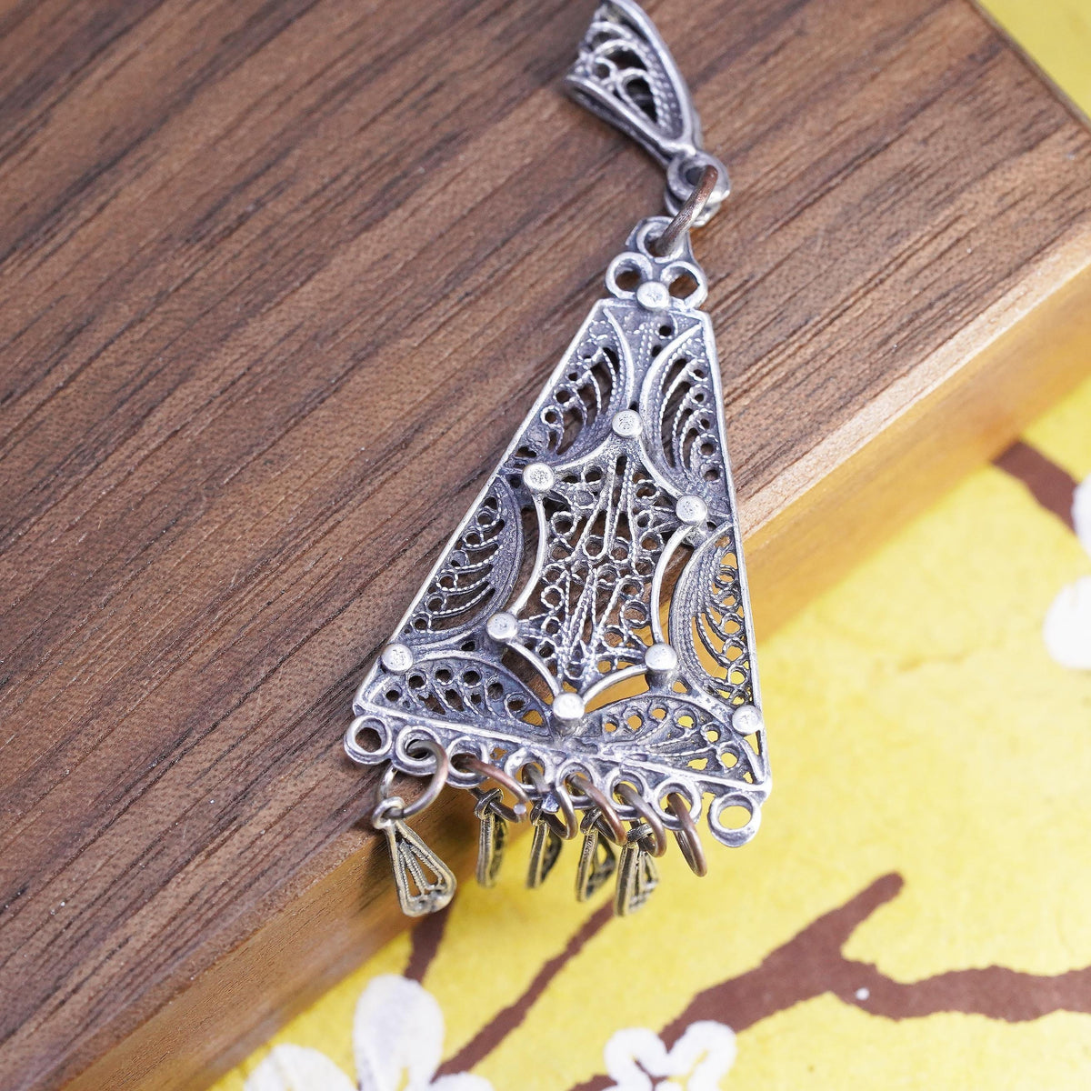 Vintage Sterling 925 silver handmade filigree pendant with fringe dangles