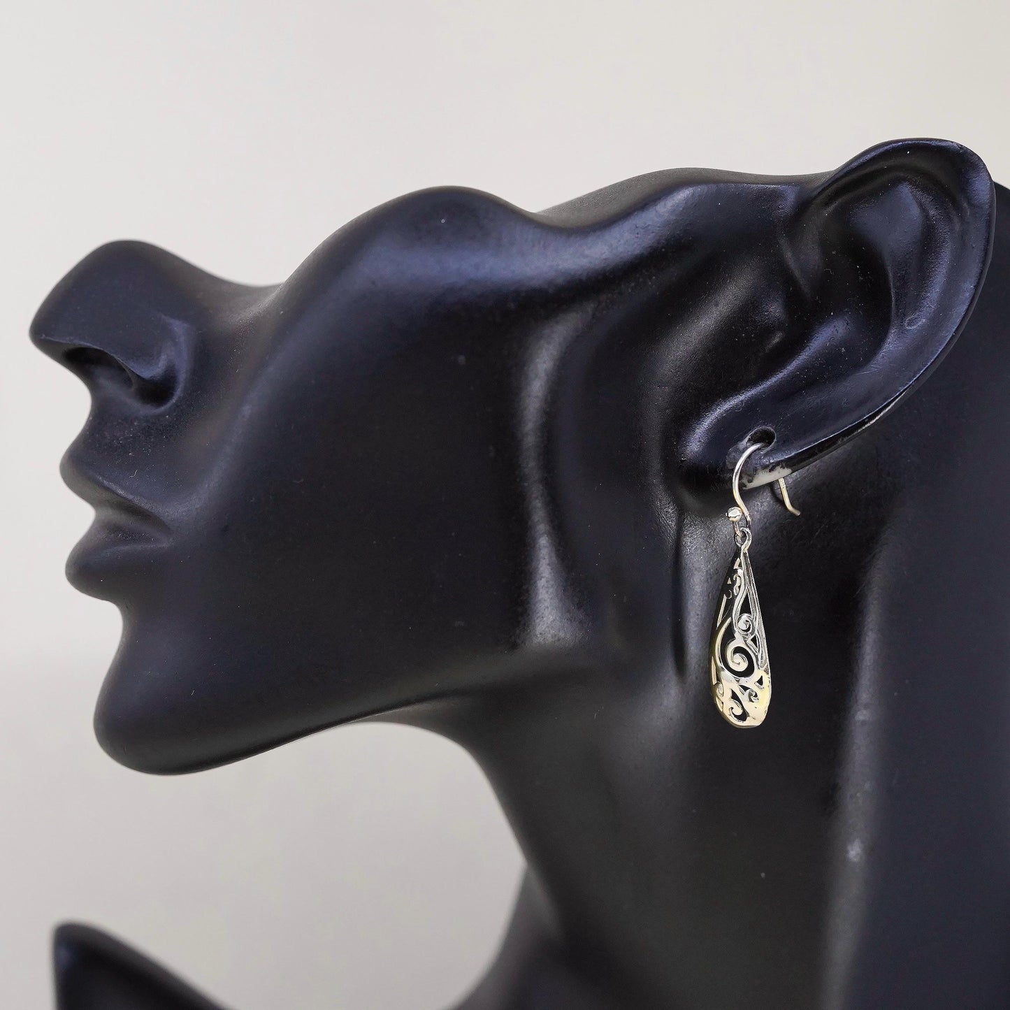 Vintage two tone sterling silver handmade earrings, 925 filigree teardrops
