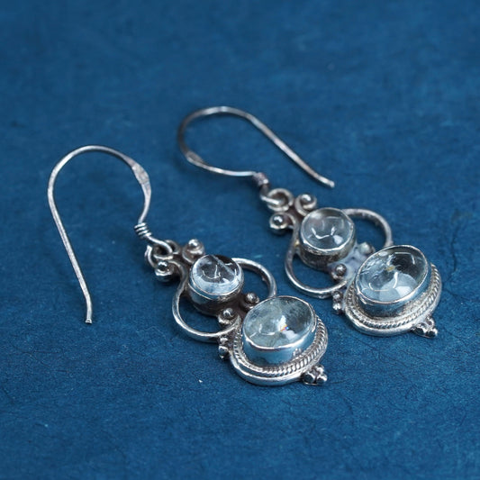 Vintage Sterling silver cluster earrings, 925 dangles with blue crystal beads