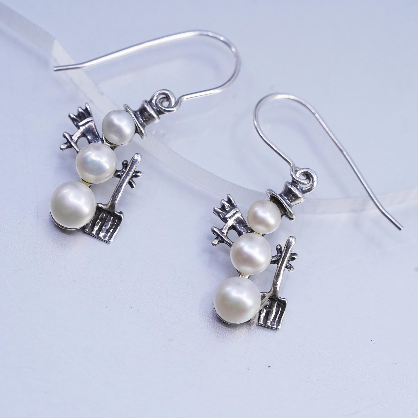 Vintage Silpada 925 Sterling Silver Snowman Earrings w/ Triple-Drop Pearl W1001